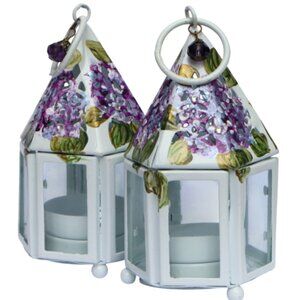 Set of Two Mini Metal Lanterns Hand Painted Hydrangea Flowers Summer Home Decor